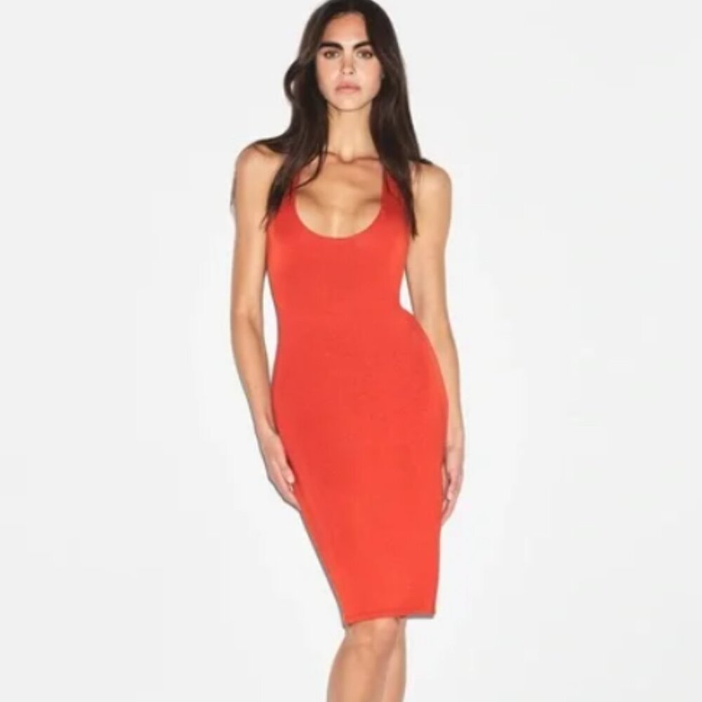 NWT SKIMS Smooth Lounge Midi Halter Dress in Terra